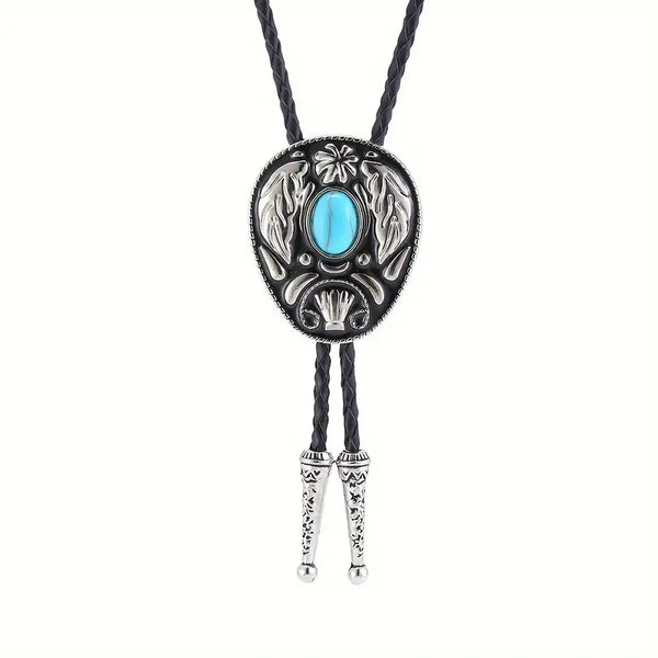 Turquoise Cabochon Alloy Metal w/Leather Bolo Tie
