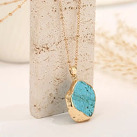 18kt Gold Electroplated Turquoise Stone w/Stainless Steel Chain Necklace: Gold-Plated