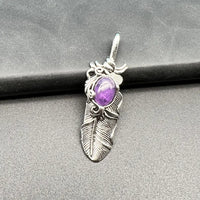 Stainless Steel & Amethyst Feather Design Pendant/Necklace
