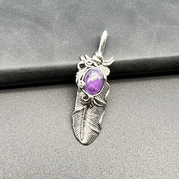 Stainless Steel & Amethyst Feather Design Pendant/Necklace