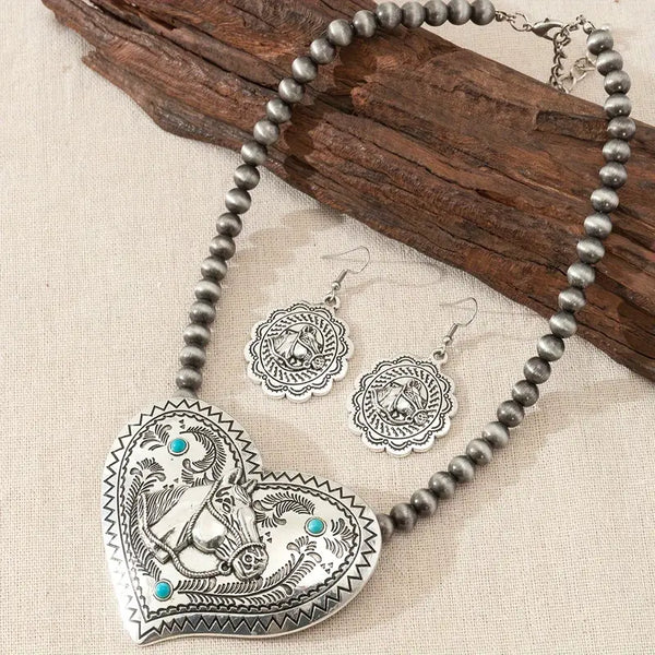 Heart w/Horse & Faux Turquoise Necklace & Earring Set w/Stainless Steel Leverback Earring Wires