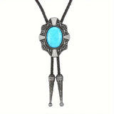 Large Faux Oval Turquoise Alloy Metal w/Leather Bolo Tie