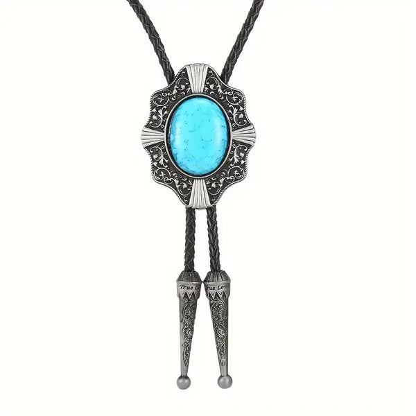 Large Faux Oval Turquoise Alloy Metal w/Leather Bolo Tie