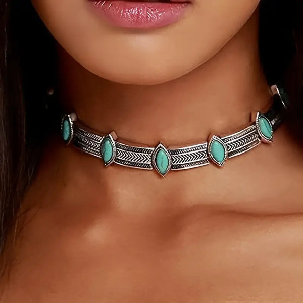 Faux Turquoise Silver-Plated Alloy Adjustable Choker Necklace