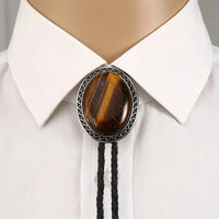 Large 2" long Tiger's Eye Cabochon Alloy Metal w/Leather Strap Bolo Tie