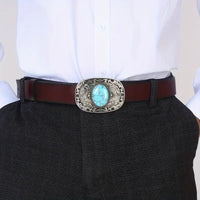 47" Alloy Metal w/Antique Plating Faux Turquoise Stone Belt Buckle and Real Leather Belt: Black