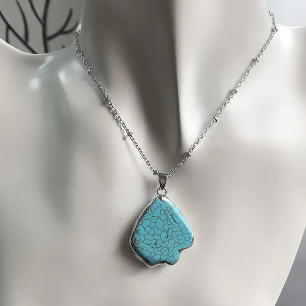 Sterling Silver Electroplated Turquoise Stone w/Stainless Steel Chain Necklace: No Plating