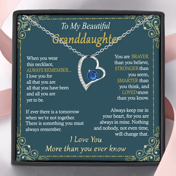 To My Beautiful Granddaughter-Silver Plated w/CZ Heart Pendant Necklace & Card: Sapphire Blue
