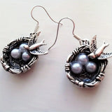 Antique Silver-Plated Alloy Sparrow in Nest w/Faux Pearl Eggs w/Stainless Steel Leverback Earring Wires