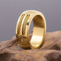 8mm Hammered Finish Stainless Steel w/Wire Rope Accent Ring-Gold Tone: Size 13