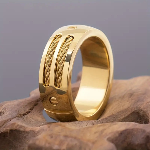 8mm Hammered Finish Stainless Steel w/Wire Rope Accent Ring-Gold Tone: Size 13