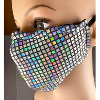 Handsewn Face Cover with Filter Pocket, Bendable Nose Wire, & Adjustable Elastic - Silver Hologram Sequins - 5 Sizes