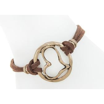 Heart Outline Cord Faux Brown Leather Toggle Bracelet - Antique Gold Plated