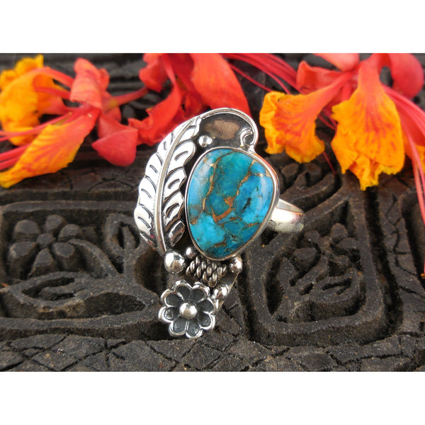 Turquoise Sterling Silver Leaf & Flower Ring - Size 6.75
