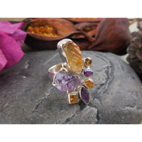 Amethyst & Citrine Rought Sterling Silver Ring – Size 8