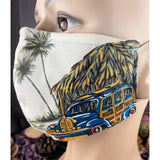 Handsewn Face Cover with Filter Pocket, Bendable Nose Wire, & Adjustable Elastic -  Surfboards Palm Trees Tiki Huts - 5 Sizes