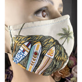 Handsewn Face Cover with Filter Pocket, Bendable Nose Wire, & Adjustable Elastic -  Surfboards Palm Trees Tiki Huts - 5 Sizes