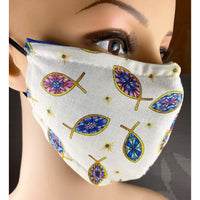 Handsewn Face Cover with Filter Pocket, Bendable Nose Wire, & Adjustable Elastic -  Ichthys Christian Fish- 5 Sizes