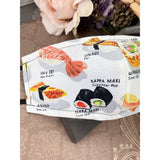 Handsewn Face Cover with Filter Pocket, Bendable Nose Wire, and Adjustable Elastic - Let’s Have Some Sushi - 5 Sizes