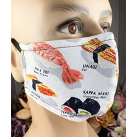 Handsewn Face Cover with Filter Pocket, Bendable Nose Wire, and Adjustable Elastic - Let’s Have Some Sushi - 5 Sizes
