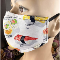 Handsewn Face Cover with Filter Pocket, Bendable Nose Wire, and Adjustable Elastic - Let’s Have Some Sushi - 5 Sizes