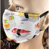 Handsewn Face Cover with Filter Pocket, Bendable Nose Wire, and Adjustable Elastic - Let’s Have Some Sushi - 5 Sizes
