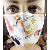 Handsewn Face Cover with Filter Pocket, Bendable Nose Wire, and Adjustable Elastic - Let’s Have Some Sushi - 5 Sizes