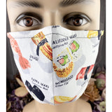 Handsewn Face Cover with Filter Pocket, Bendable Nose Wire, and Adjustable Elastic - Let’s Have Some Sushi - 5 Sizes