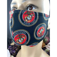 Handsewn Face Cover with Filter Pocket, Bendable Nose Wire, & Adjustable Elastic - U.S. Marine Corps Themed Fabric - 5 Sizes