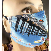 Handsewn Face Cover with Filter Pocket, Bendable Nose Wire, & Adjustable Elastic- California Huntington Beach Santa Monica Pier - 5 Sizes