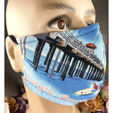 Handsewn Face Cover with Filter Pocket, Bendable Nose Wire, & Adjustable Elastic- California Huntington Beach Santa Monica Pier - 5 Sizes