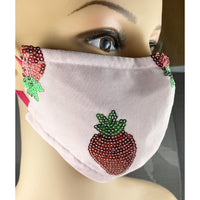 Handsewn Face Cover with Filter Pocket, Bendable Nose Wire, & Adjustable Elastic - Glittery Sequin Strawberries Watermelon Seeds - 5 Sizes