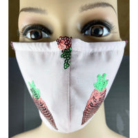 Handsewn Face Cover with Filter Pocket, Bendable Nose Wire, & Adjustable Elastic - Glittery Sequin Strawberries Watermelon Seeds - 5 Sizes