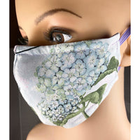 Handsewn Face Cover with Filter Pocket, Bendable Nose Wire, & Adjustable Elastic - Hydrangea Flowers - 5 Sizes