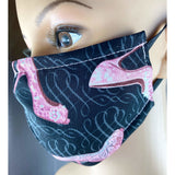 Handsewn Face Cover with Filter Pocket and Bendable Nose Wire - Glittery High Heel Shoes - 5 Sizes