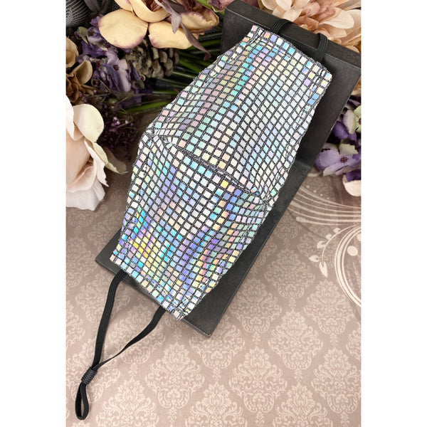 Handsewn Face Cover with Filter Pocket, Bendable Nose Wire, & Adjustable Elastic - Silver Hologram Sequins - 5 Sizes