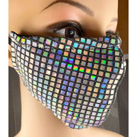 Handsewn Face Cover with Filter Pocket, Bendable Nose Wire, & Adjustable Elastic - Silver Hologram Sequins - 5 Sizes
