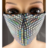 Handsewn Face Cover with Filter Pocket, Bendable Nose Wire, & Adjustable Elastic - Silver Hologram Sequins - 5 Sizes