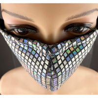 Handsewn Face Cover with Filter Pocket, Bendable Nose Wire, & Adjustable Elastic - Silver Hologram Sequins - 5 Sizes