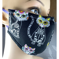 Handsewn Face Cover with Filter Pocket, Bendable Nose Wire, & Adjustable Elastic - Super Cute Feline Sugarskulls - 5 Sizes