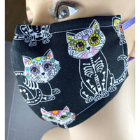 Handsewn Face Cover with Filter Pocket, Bendable Nose Wire, & Adjustable Elastic - Super Cute Feline Sugarskulls - 5 Sizes