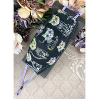 Handsewn Face Cover with Filter Pocket, Bendable Nose Wire, & Adjustable Elastic - Super Cute Feline Sugarskulls - 5 Sizes