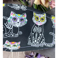 Handsewn Face Cover with Filter Pocket, Bendable Nose Wire, & Adjustable Elastic - Super Cute Feline Sugarskulls - 5 Sizes