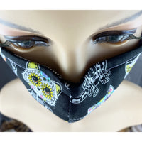 Handsewn Face Cover with Filter Pocket, Bendable Nose Wire, & Adjustable Elastic - Super Cute Feline Sugarskulls - 5 Sizes