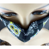 Handsewn Face Cover with Filter Pocket, Bendable Nose Wire, & Adjustable Elastic - Super Cute Feline Sugarskulls - 5 Sizes