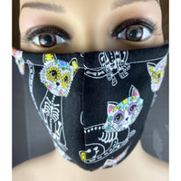 Handsewn Face Cover with Filter Pocket, Bendable Nose Wire, & Adjustable Elastic - Super Cute Feline Sugarskulls - 5 Sizes