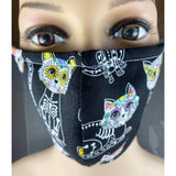 Handsewn Face Cover with Filter Pocket, Bendable Nose Wire, & Adjustable Elastic - Super Cute Feline Sugarskulls - 5 Sizes