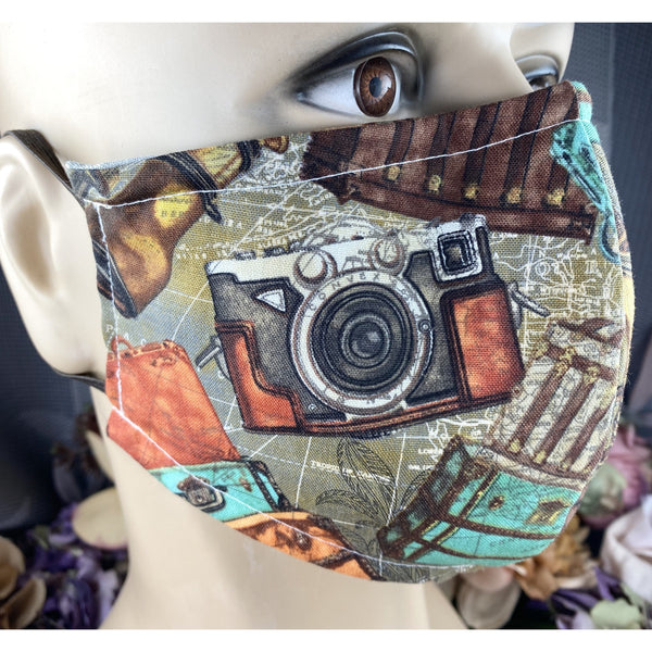 Handsewn Face Cover with Filter Pocket, Bendable Nose Wire, & Adjustable Elastic -  Vintage Traveling Photographer - 5 Sizes
