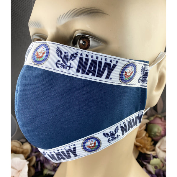 Handsewn Face Cover With Filter Pocket Bendable Nose Wire - United States Navy Themed Ribbon - 5 Sizes