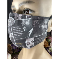 Handsewn Face Cover with Filter Pocket, Bendable Nose Wire, & Adjustable Elastic - Martin Luther King - Black Lives Matter Inspired - 5 Sizes